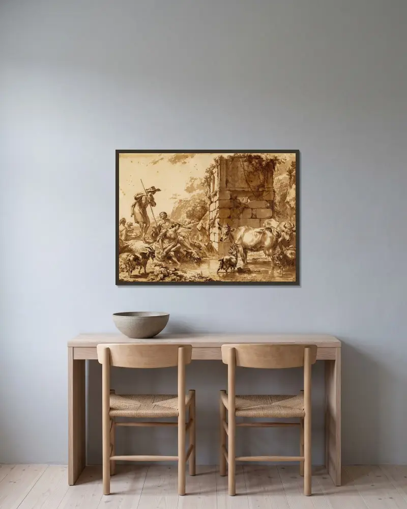 Vieh an der Tränke, mit einem Hirten und vier Hirtinnen von Nicolaes Pietersz. Berchem gerahmt an einer Wand