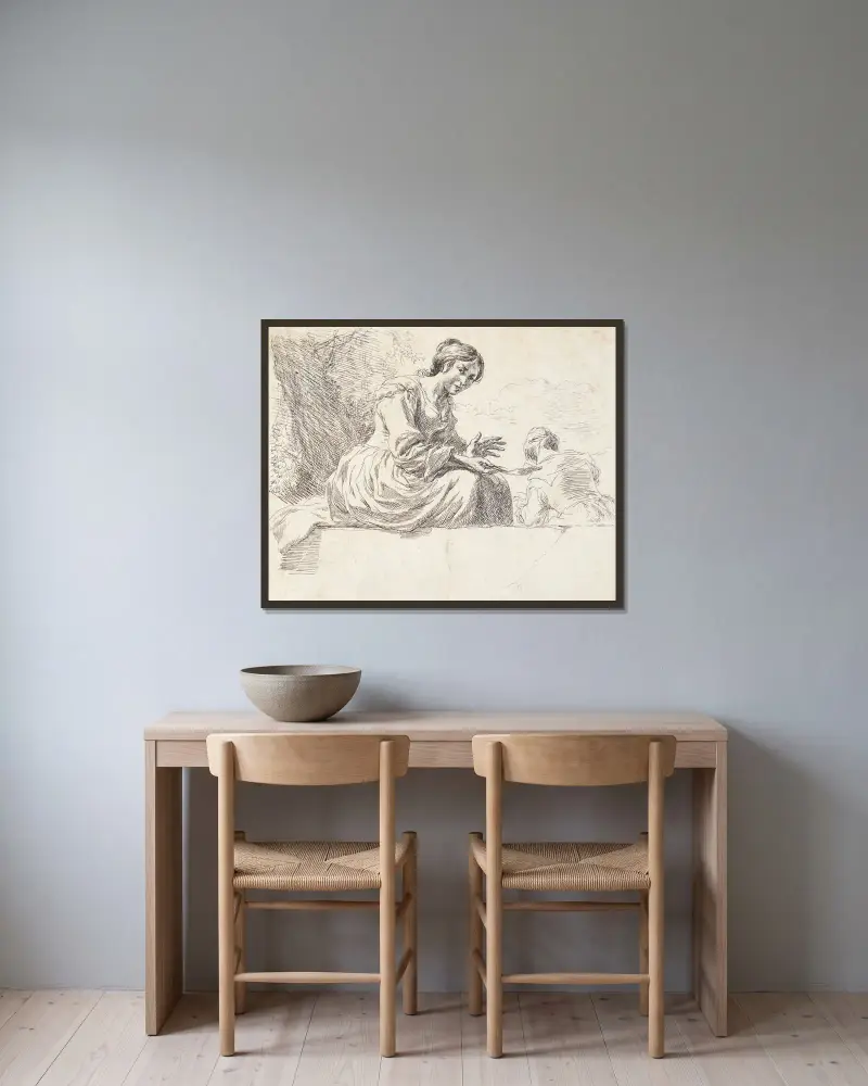 Bondflicka sittande på en sten (titelblad till Får) av Nicolaes Pietersz. Berchem inramad på en vägg