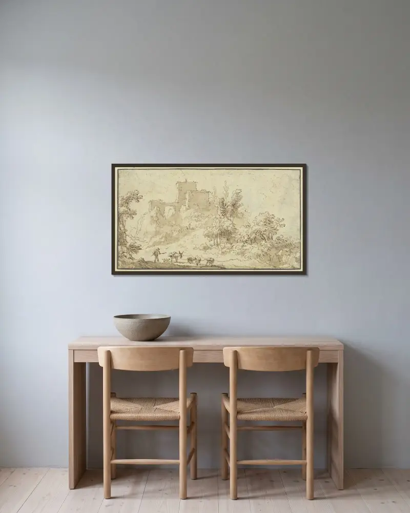 Borgruin, i förgrunden en herde med åsnor och får av Nicolaes Pietersz. Berchem inramad på en vägg