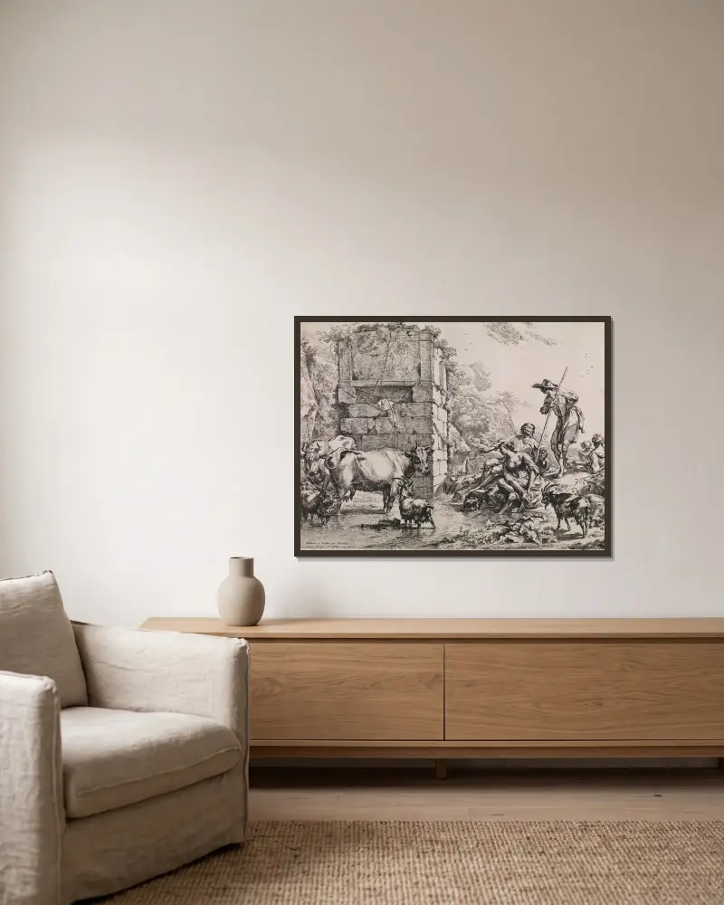 Trinkende Kuh von Nicolaes Pietersz. Berchem gerahmt an einer Wand