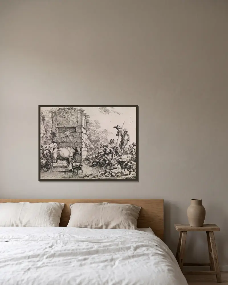 Trinkende Kuh von Nicolaes Pietersz. Berchem gerahmt an einer Wand