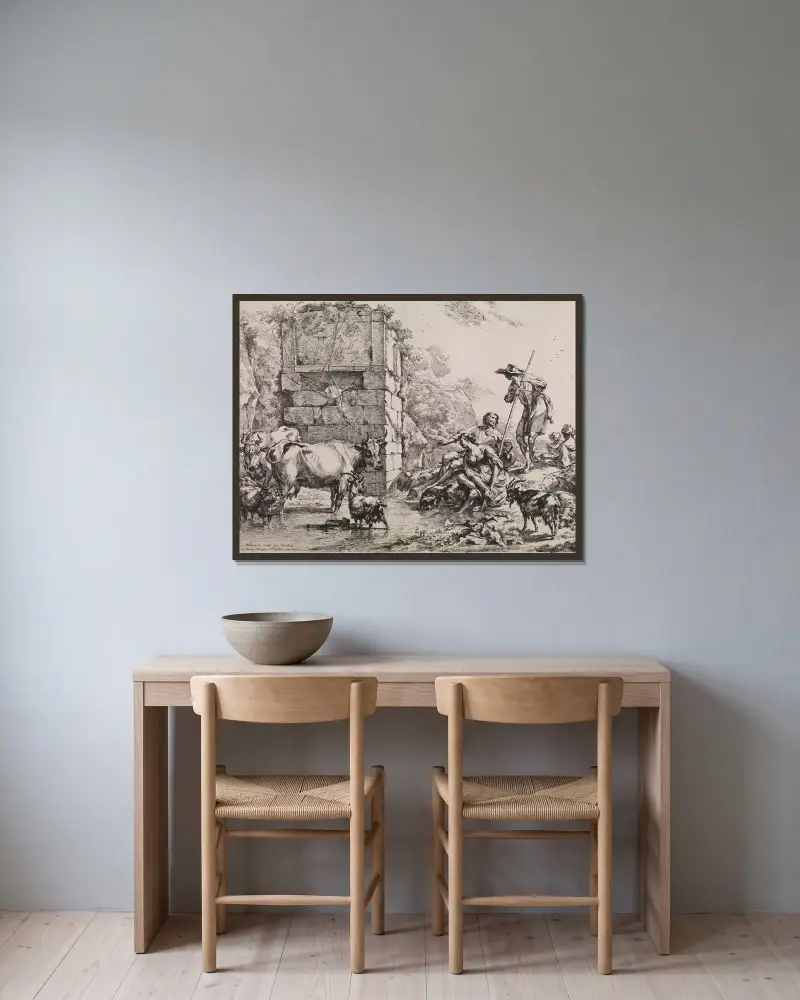 Trinkende Kuh von Nicolaes Pietersz. Berchem gerahmt an einer Wand