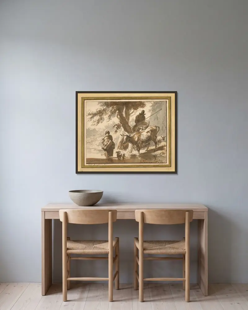 Kühe an einer Furt mit einem Paar und einem Hund von Nicolaes Pietersz. Berchem gerahmt an einer Wand