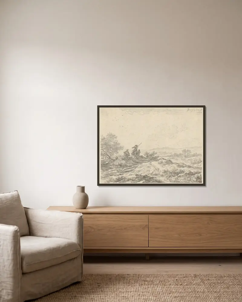 Dünenlandschaft mit Hirten von Nicolaes Pietersz. Berchem gerahmt an einer Wand