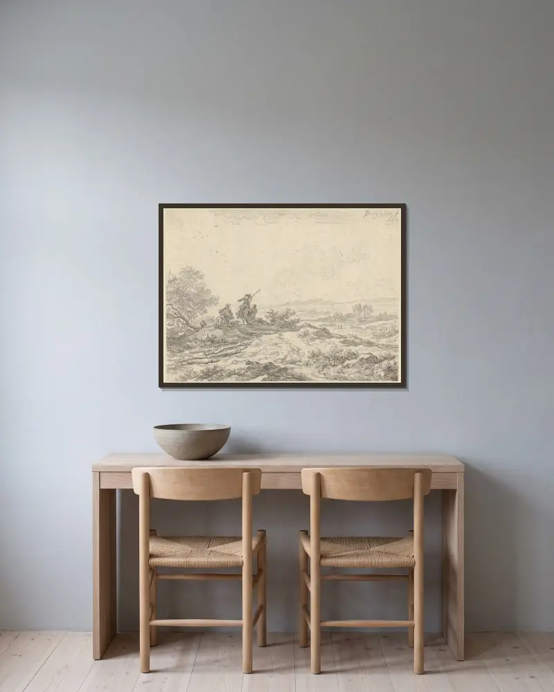 Dünenlandschaft mit Hirten von Nicolaes Pietersz. Berchem gerahmt an einer Wand