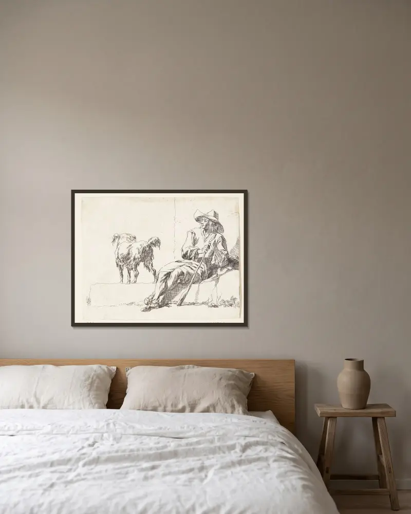 En herde med sin hund, titelblad till Geder av Nicolaes Pietersz. Berchem inramad på en vägg