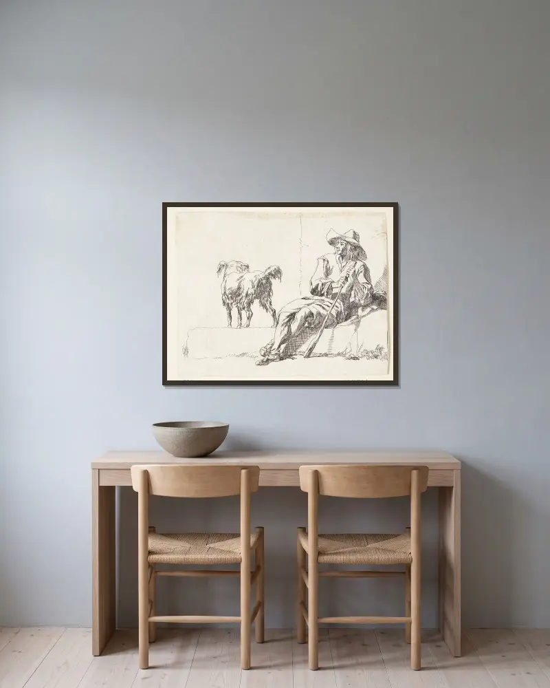 En herde med sin hund, titelblad till Geder av Nicolaes Pietersz. Berchem inramad på en vägg