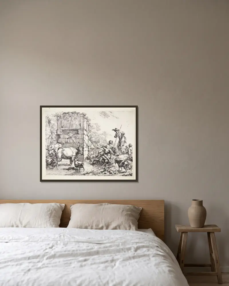 En herde vattnar sina djur vid en igenvuxen ruin av Nicolaes Pietersz. Berchem inramad på en vägg