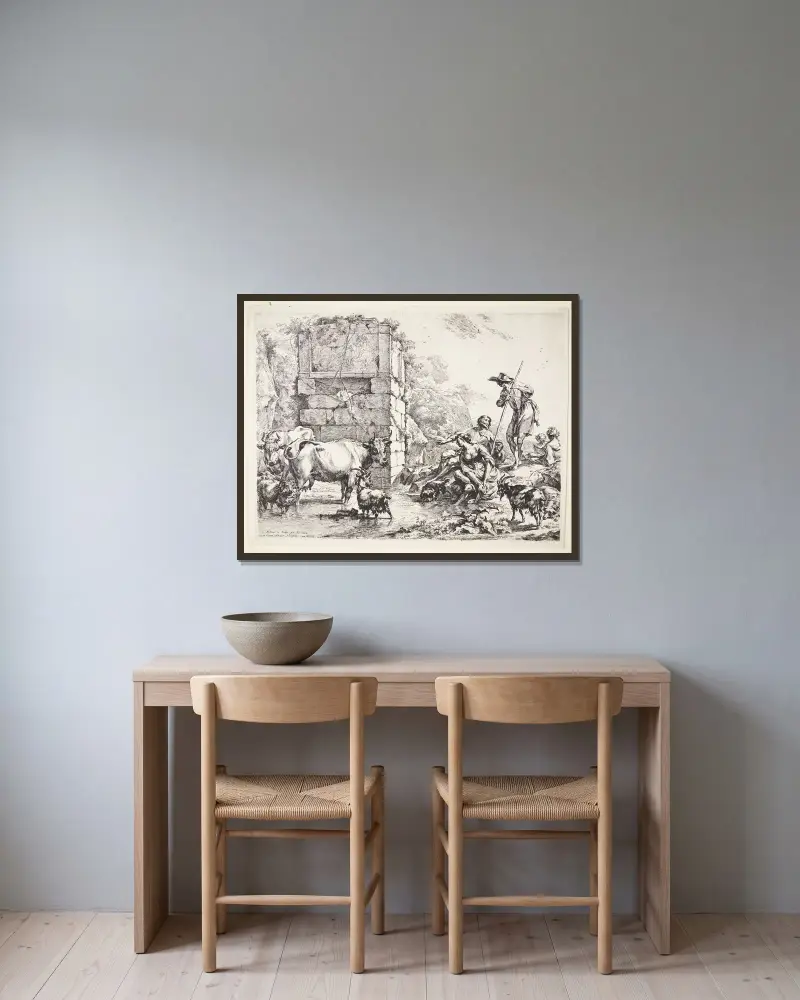 En herde vattnar sina djur vid en igenvuxen ruin av Nicolaes Pietersz. Berchem inramad på en vägg
