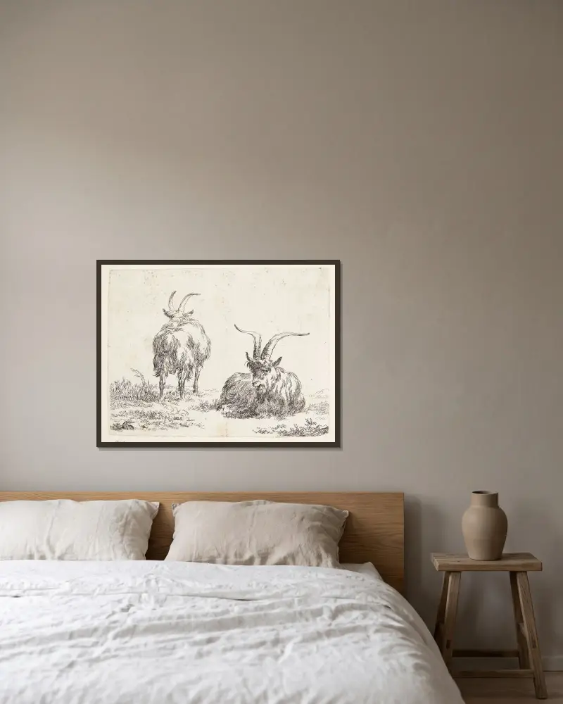 En liggande get och en stående get sedda bakifrån av Nicolaes Pietersz. Berchem inramad på en vägg