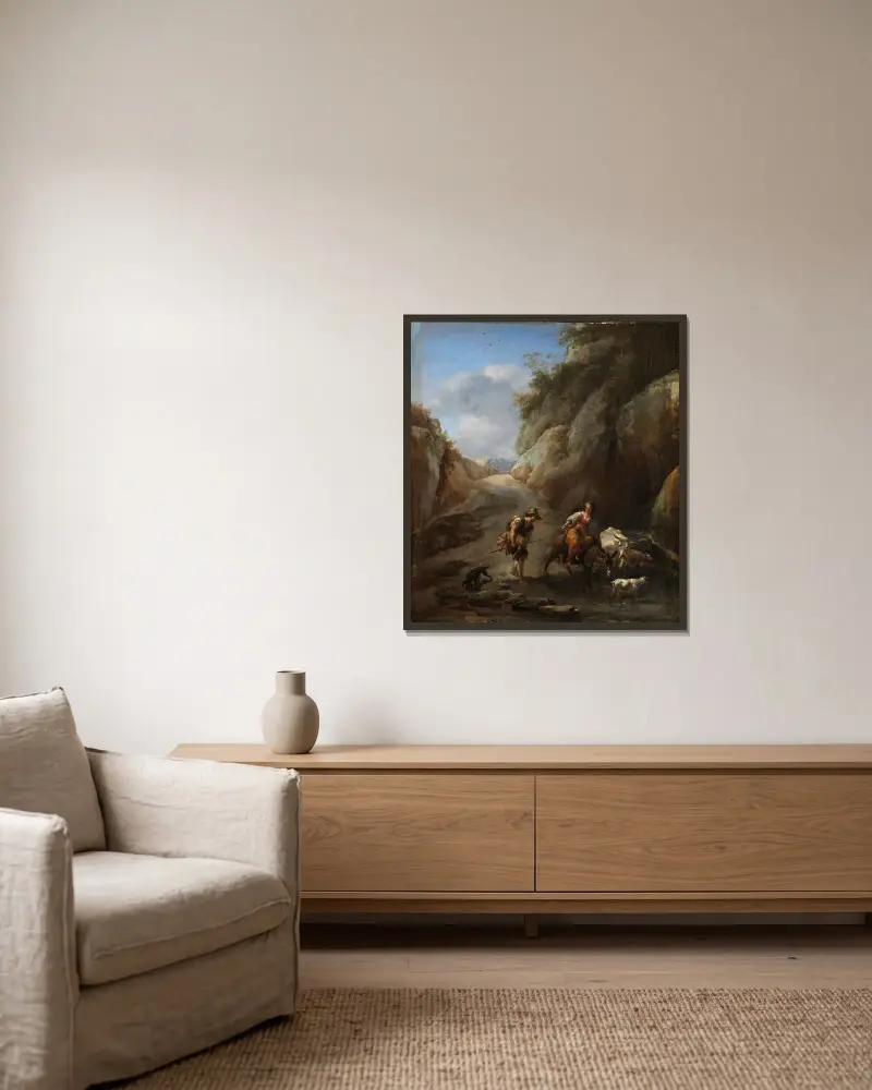 På språng i bergen av Nicolaes Pietersz. Berchem inramad på en vägg