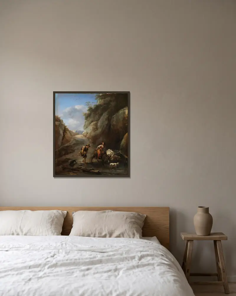 På språng i bergen av Nicolaes Pietersz. Berchem inramad på en vägg