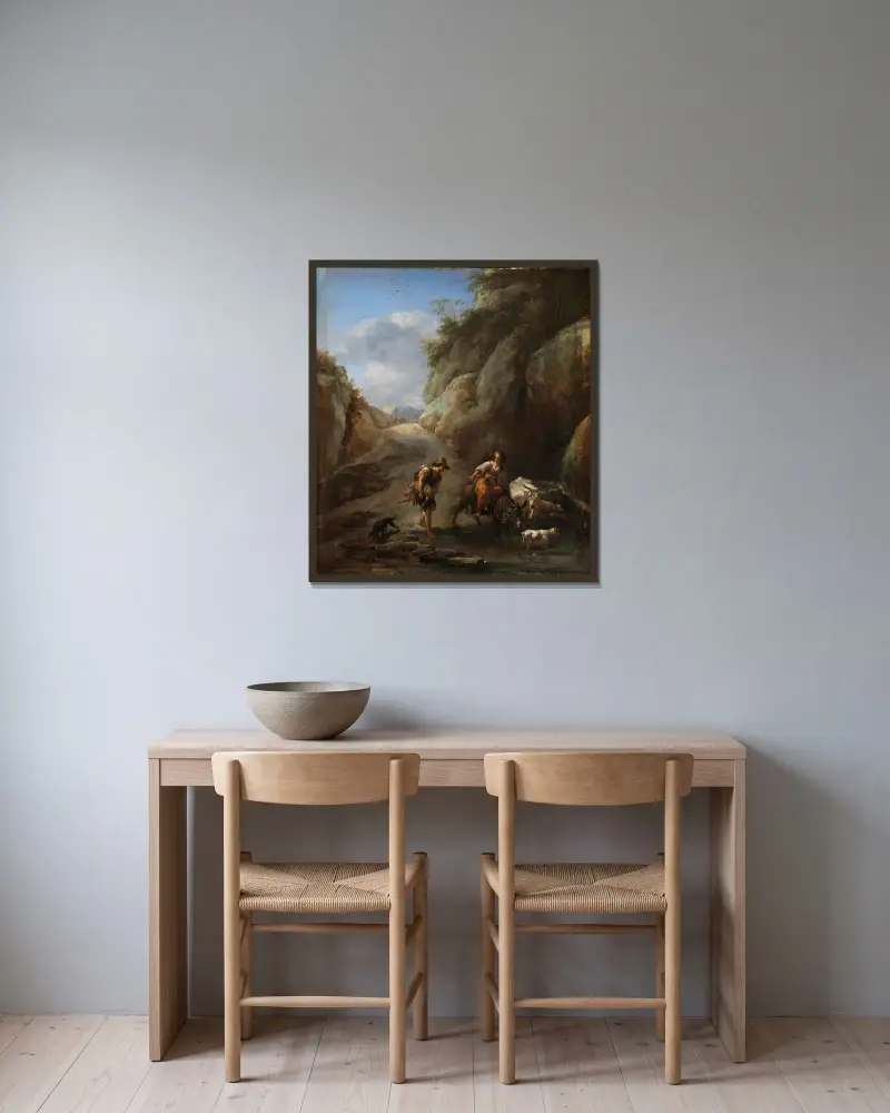 På språng i bergen av Nicolaes Pietersz. Berchem inramad på en vägg