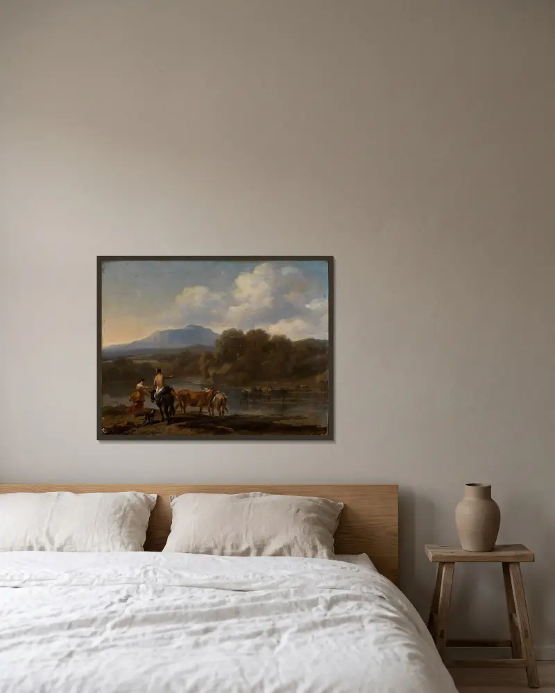 Kreatur i sydligt landskap av Nicolaes Pietersz. Berchem inramad på en vägg