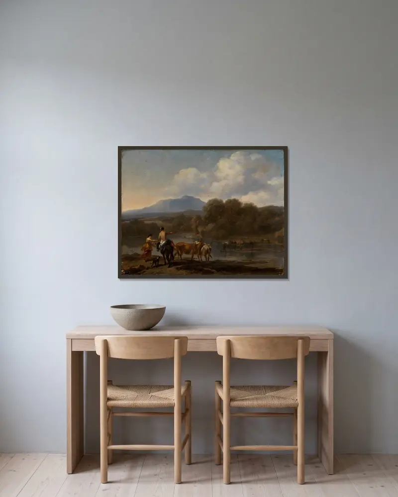 Kreatur i sydligt landskap av Nicolaes Pietersz. Berchem inramad på en vägg