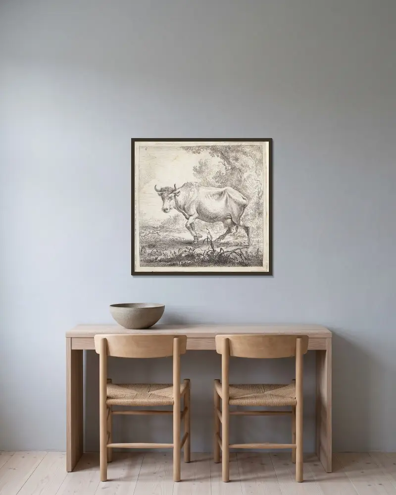 Gående ko av Nicolaes Pietersz. Berchem inramad på en vägg