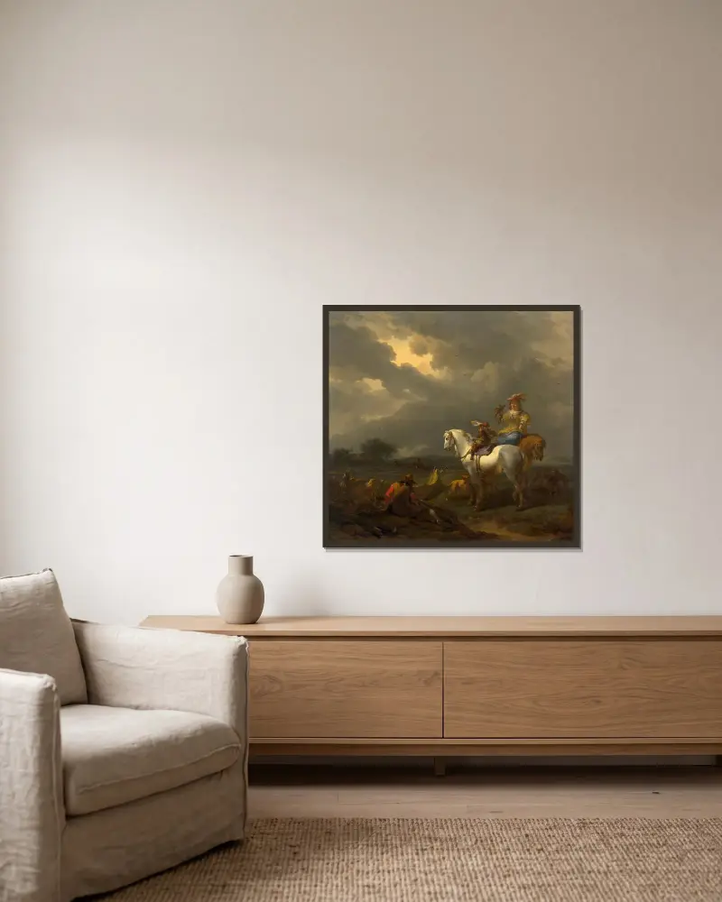Halt of falcon hunt av Nicolaes Pietersz. Berchem inramad på en vägg