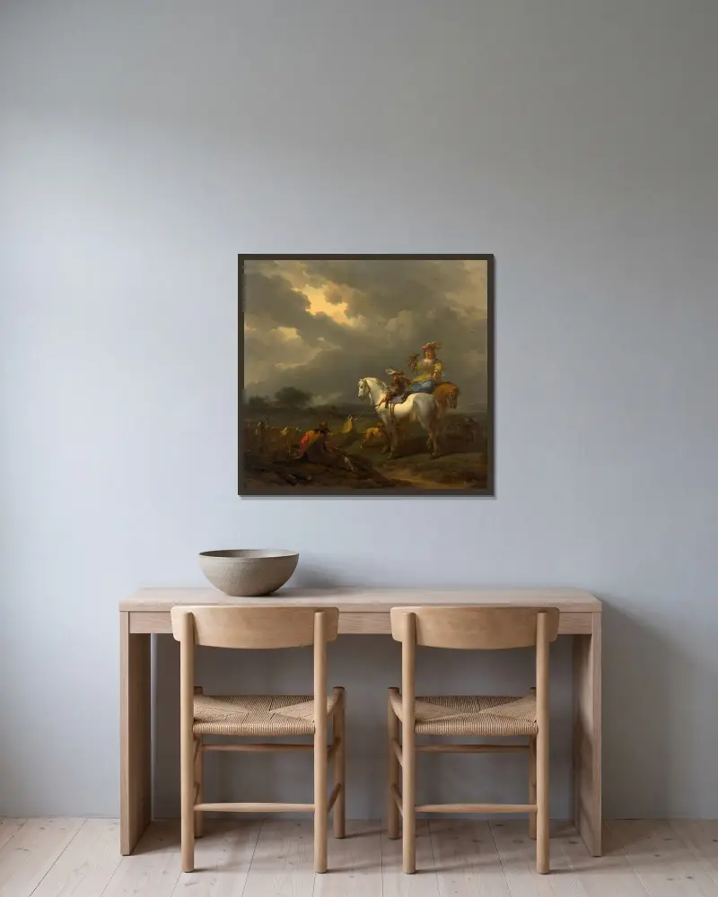 Halt of falcon hunt av Nicolaes Pietersz. Berchem inramad på en vägg