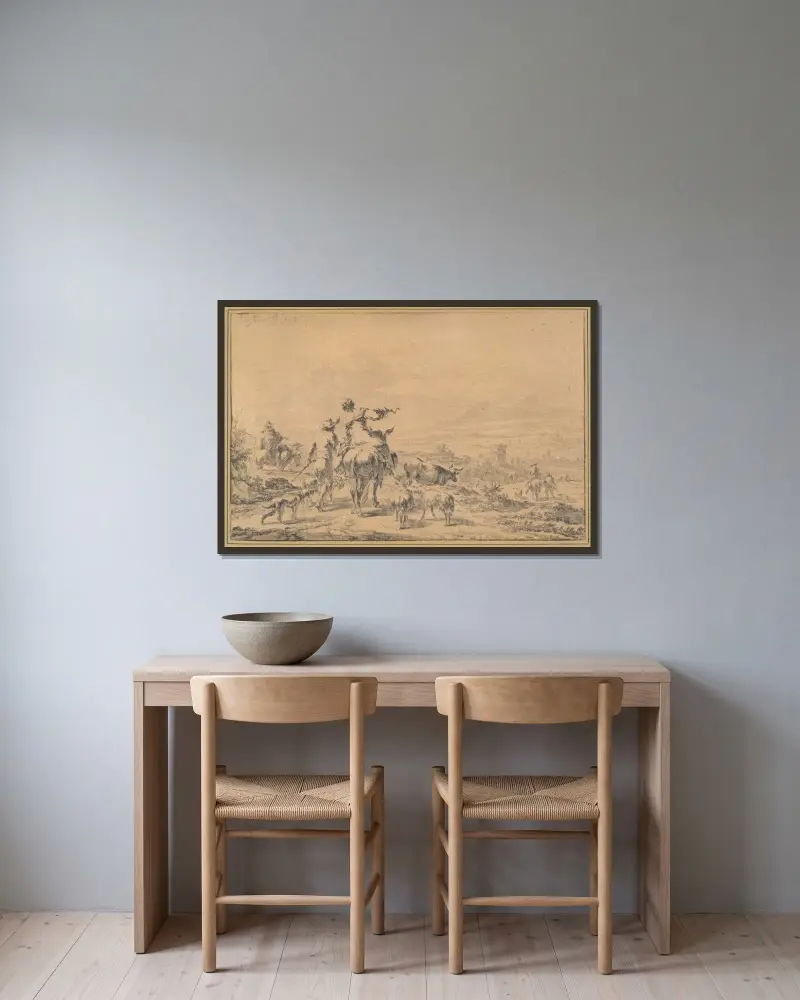 Herdar i ett italienskt landskap av Nicolaes Pietersz. Berchem inramad på en vägg