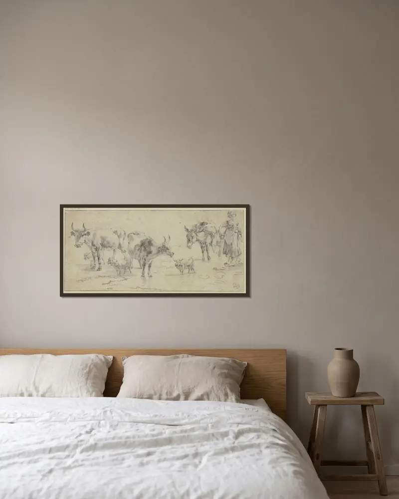 Hirtin bei einem Esel sowie drei Kühen und drei Schafen von Nicolaes Pietersz. Berchem gerahmt an einer Wand