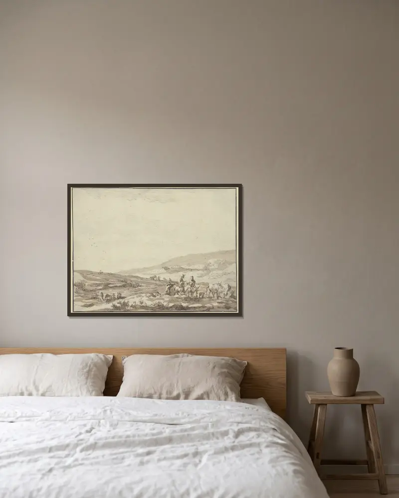 Hügelige Gegend, rechts Hirte und Hirtin auf Eseln reitend mit Vieh av Nicolaes Pietersz. Berchem inramad på en vägg