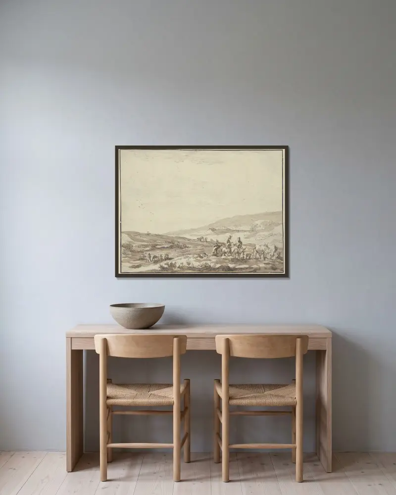 Hügelige Gegend, rechts Hirte und Hirtin auf Eseln reitend mit Vieh av Nicolaes Pietersz. Berchem inramad på en vägg