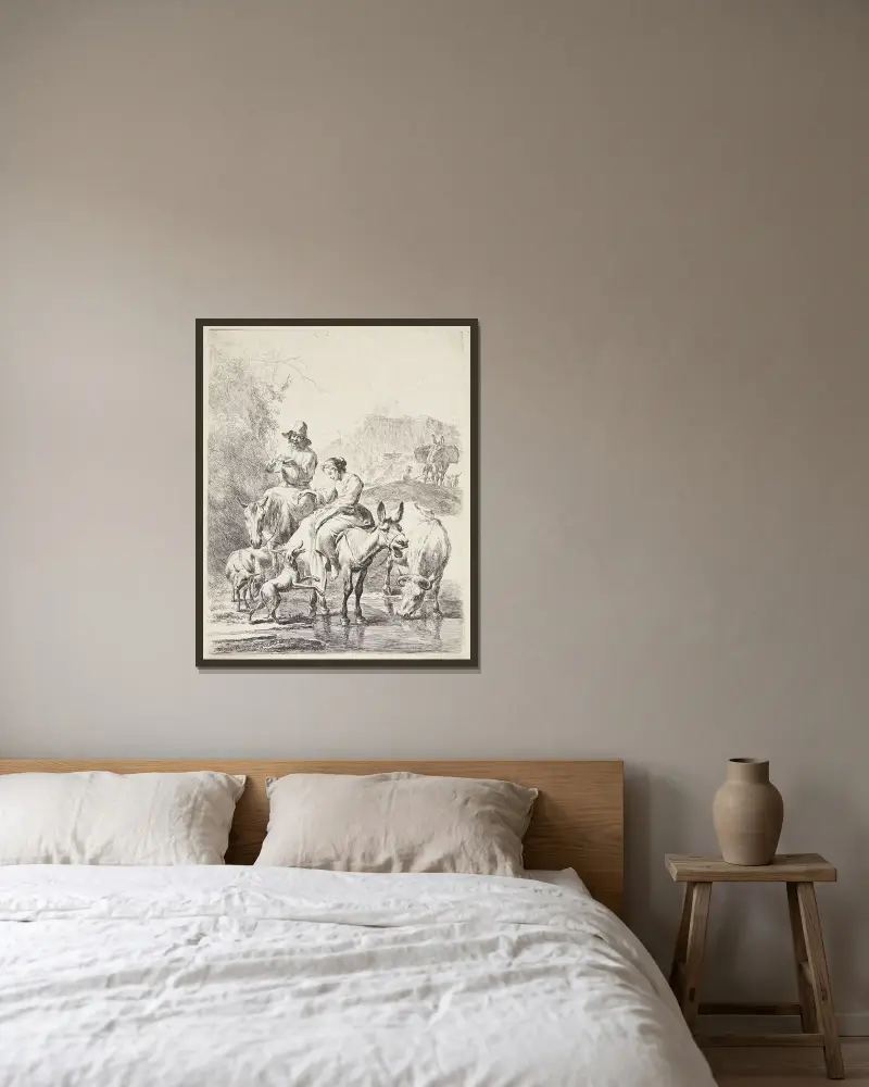 Herdeflicka på åsna av Nicolaes Pietersz. Berchem inramad på en vägg
