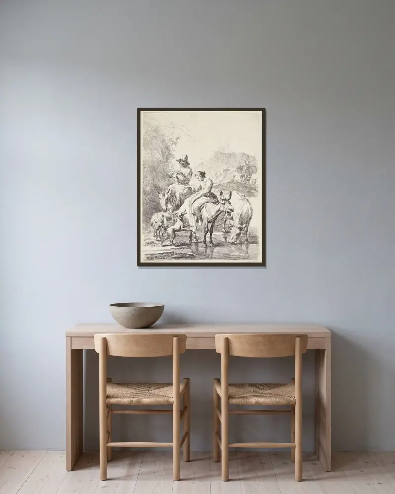 Herdeflicka på åsna av Nicolaes Pietersz. Berchem inramad på en vägg