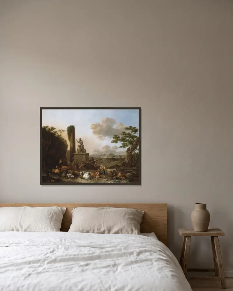 Italienskt landskap av Nicolaes Pietersz. Berchem inramad på en vägg