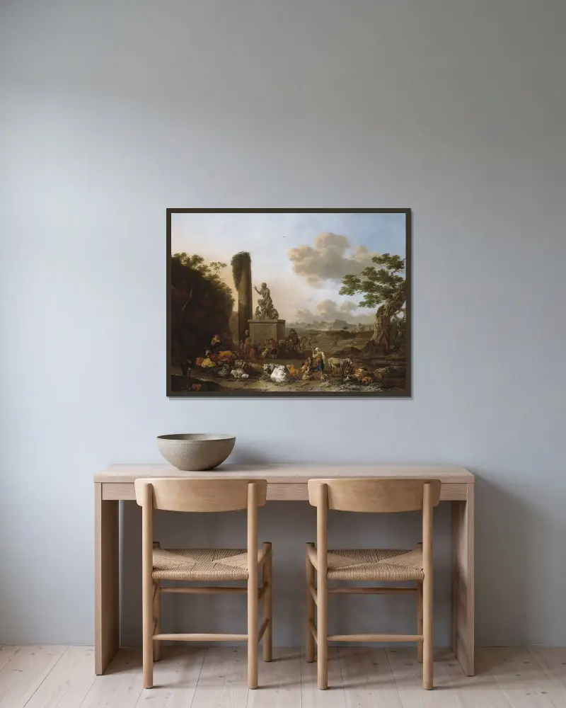 Italienskt landskap av Nicolaes Pietersz. Berchem inramad på en vägg