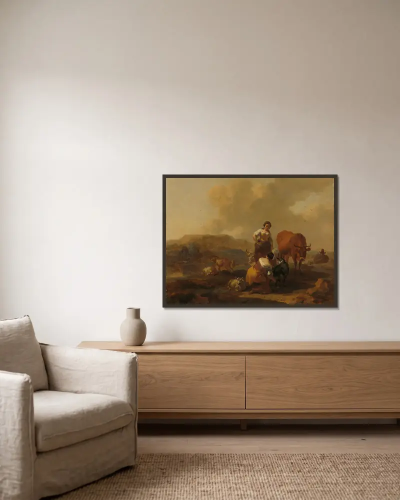 Italian Landscape, 1655 av Nicolaes Pietersz. Berchem inramad på en vägg