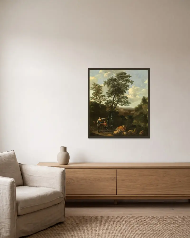 Italienskt landskap av Nicolaes Pietersz. Berchem inramad på en vägg