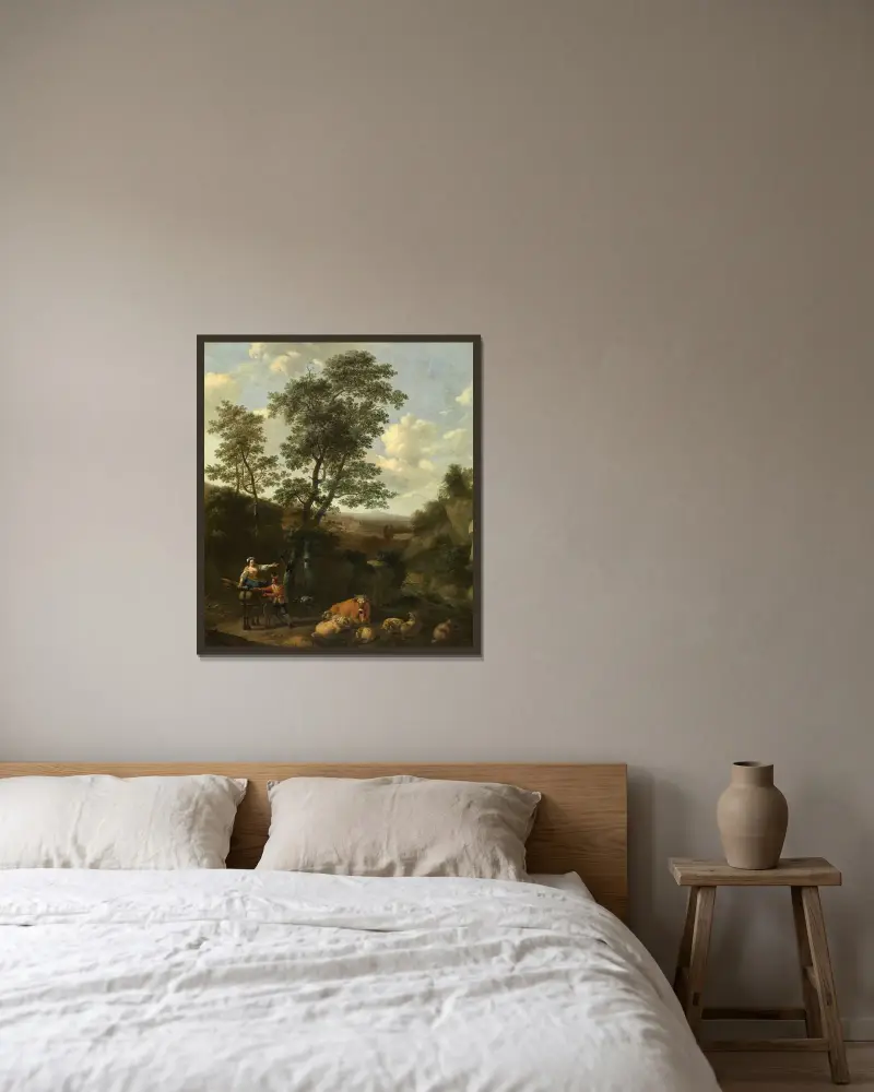 Italienskt landskap av Nicolaes Pietersz. Berchem inramad på en vägg