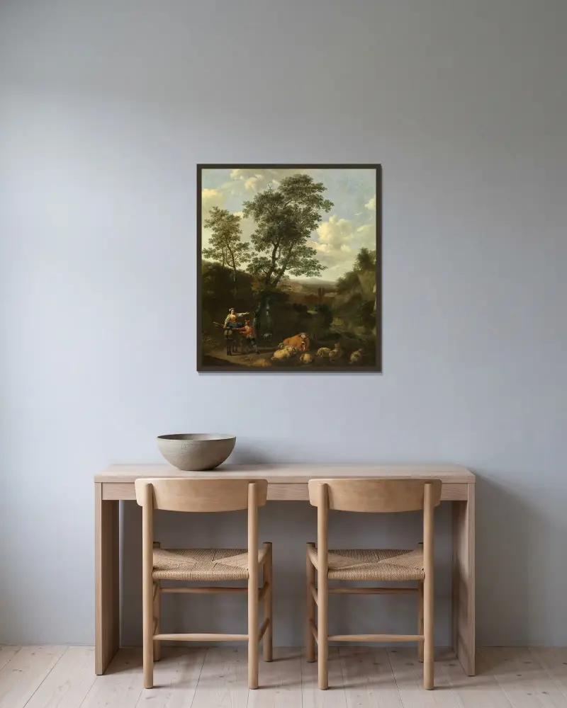 Italienskt landskap av Nicolaes Pietersz. Berchem inramad på en vägg