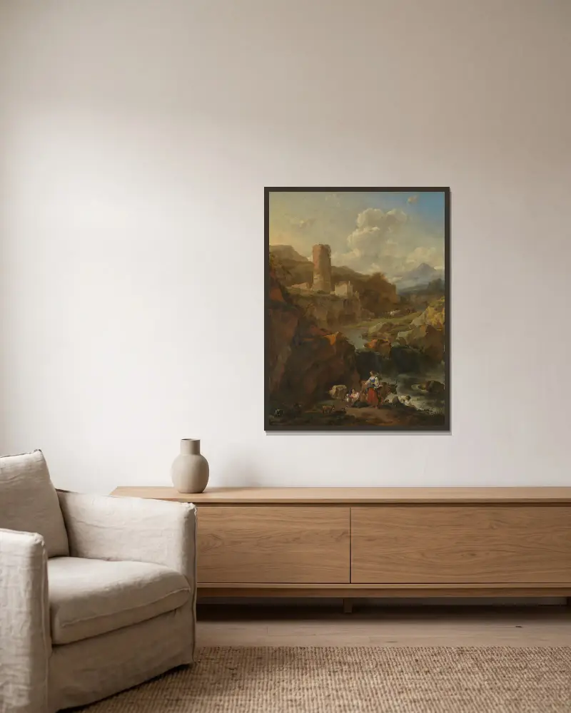 Italienskt landskap, 1656 av Nicolaes Pietersz. Berchem inramad på en vägg