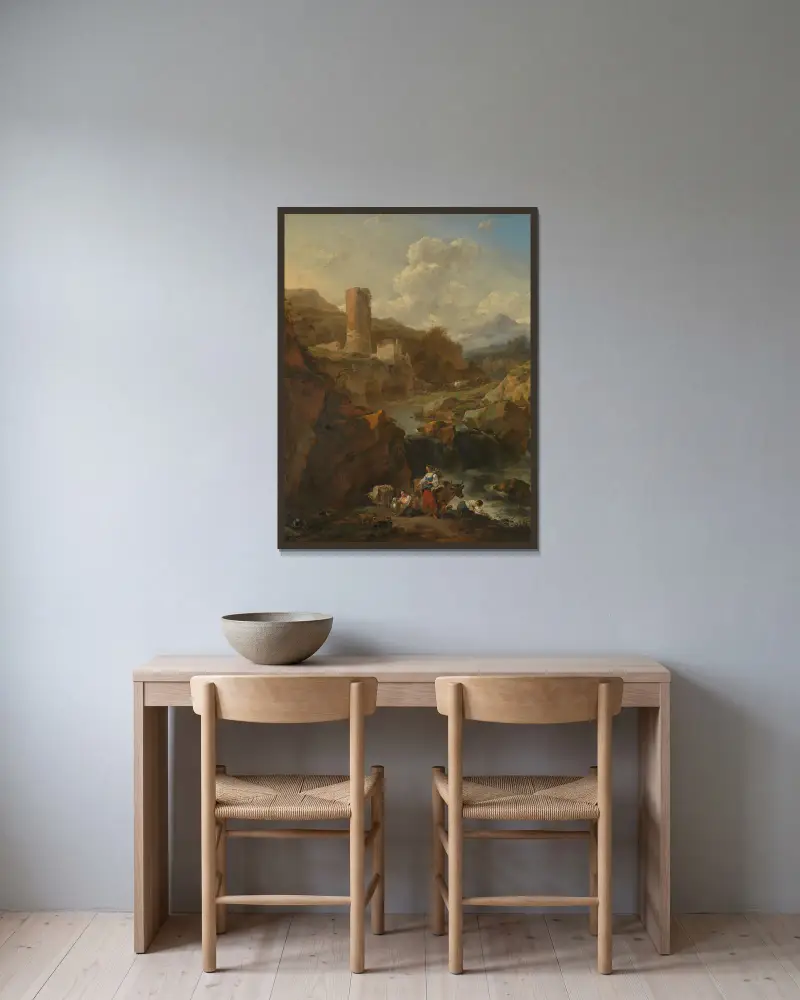 Italienskt landskap, 1656 av Nicolaes Pietersz. Berchem inramad på en vägg