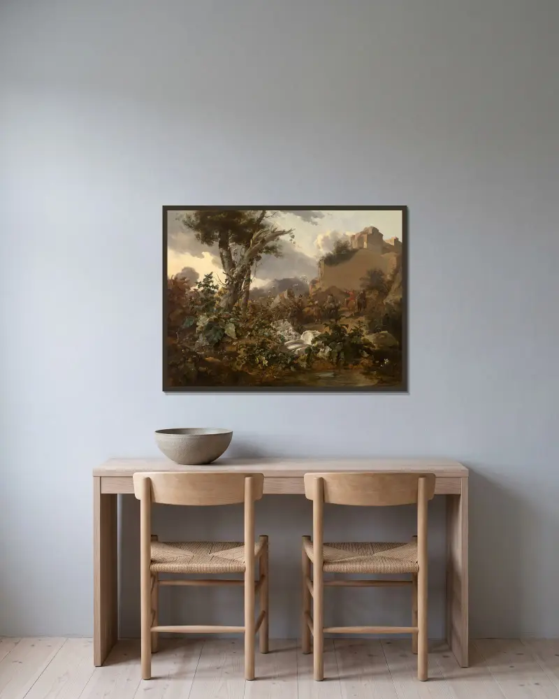 Italian Landscape with a Cavalry Battle av Nicolaes Pietersz. Berchem inramad på en vägg