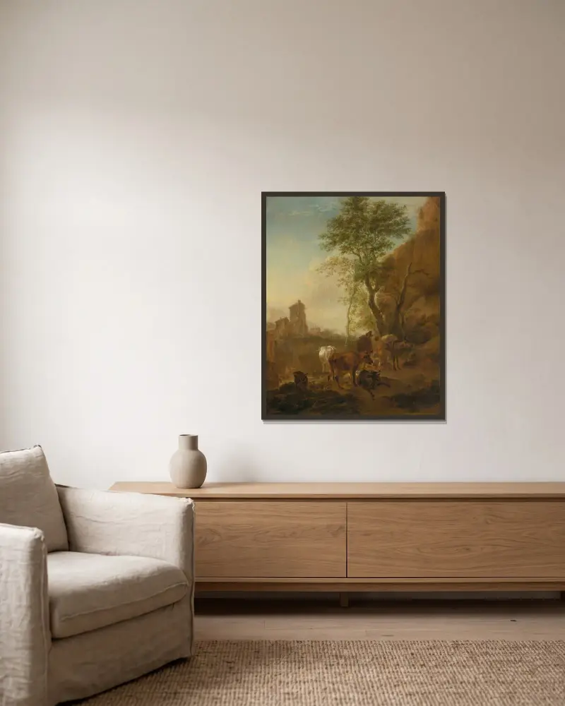 Italienskt landskap med kor av Nicolaes Pietersz. Berchem inramad på en vägg