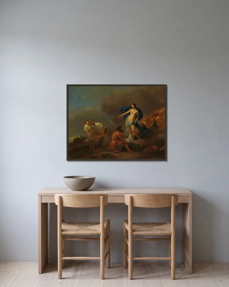 Juno befaller Argus att vaka över Io av Nicolaes Pietersz. Berchem inramad på en vägg