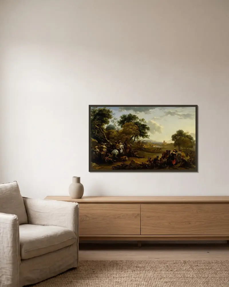Landskap med jaktlag av Nicolaes Pietersz. Berchem inramad på en vägg
