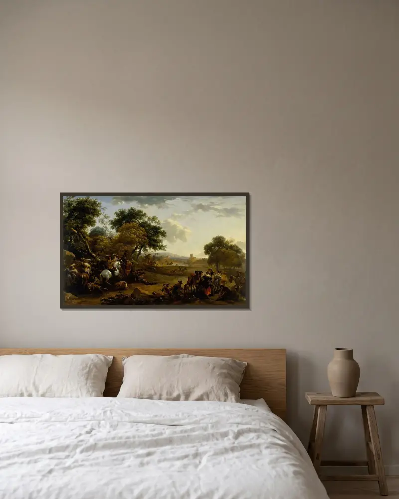 Landskap med jaktlag av Nicolaes Pietersz. Berchem inramad på en vägg