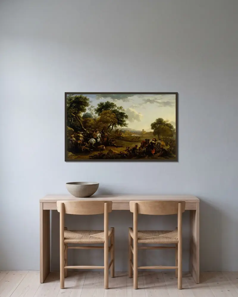 Landskap med jaktlag av Nicolaes Pietersz. Berchem inramad på en vägg