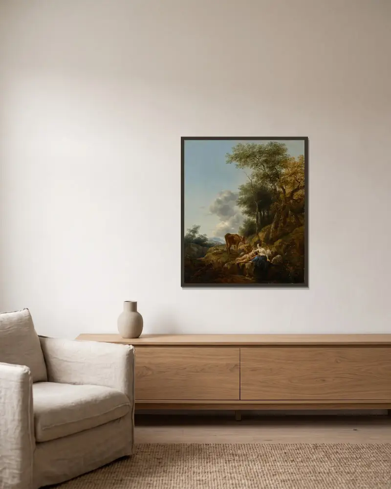 Landskap med en nymf och en satyr av Nicolaes Pietersz. Berchem inramad på en vägg