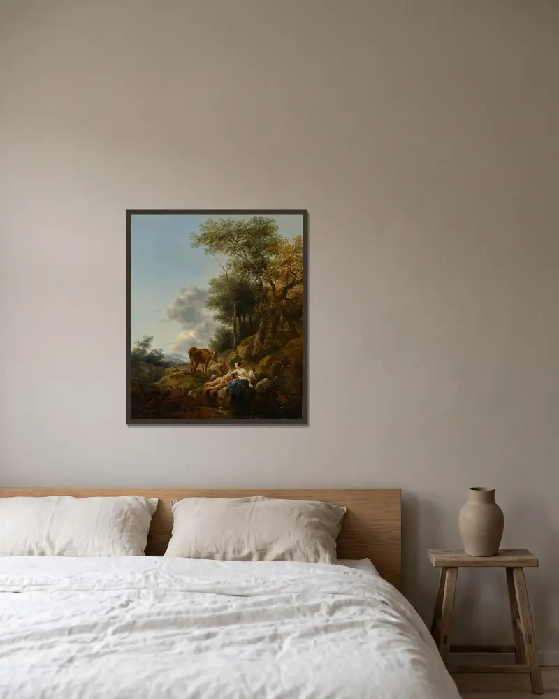 Landskap med en nymf och en satyr av Nicolaes Pietersz. Berchem inramad på en vägg
