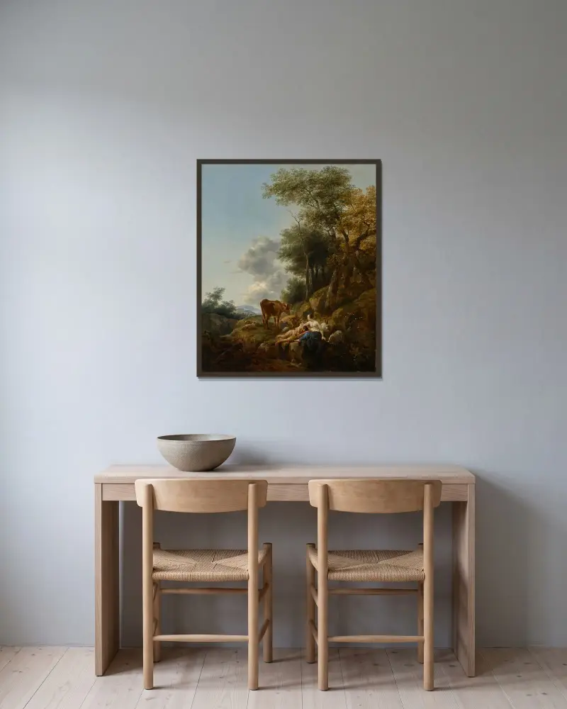 Landskap med en nymf och en satyr av Nicolaes Pietersz. Berchem inramad på en vägg