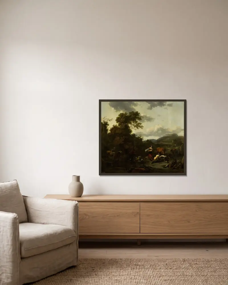 Landschaft mit pastoraler Szene von Nicolaes Pietersz. Berchem gerahmt an einer Wand