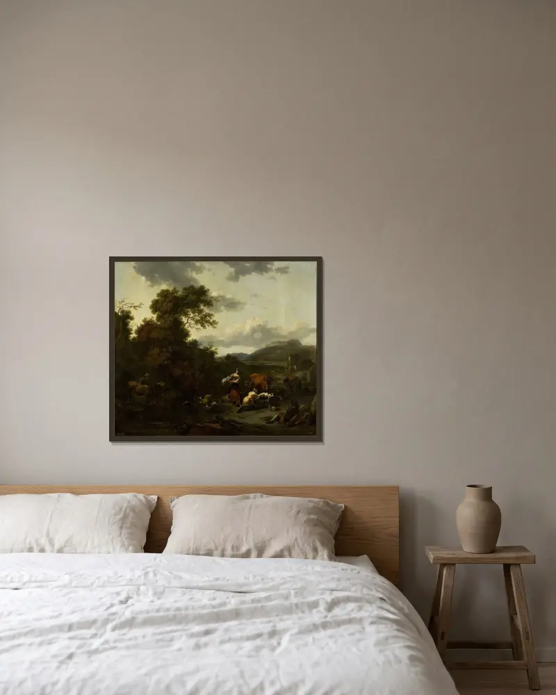 Landschaft mit pastoraler Szene von Nicolaes Pietersz. Berchem gerahmt an einer Wand