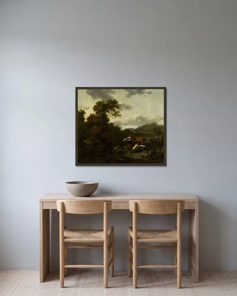 Landschaft mit pastoraler Szene von Nicolaes Pietersz. Berchem gerahmt an einer Wand