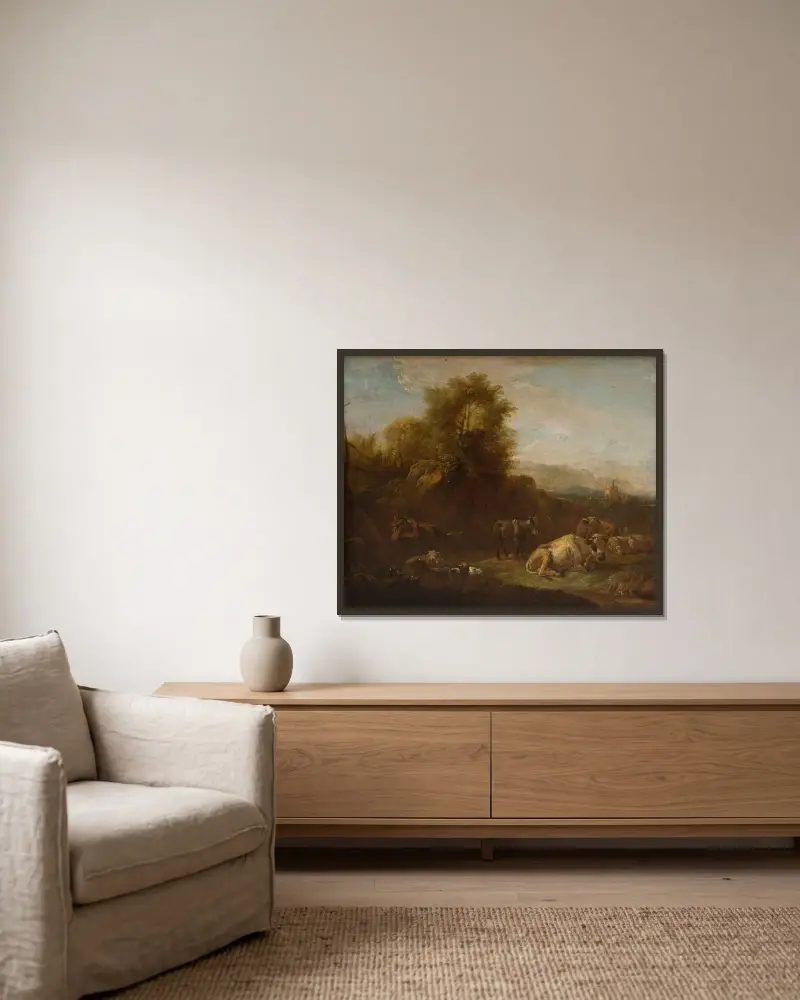 Landskap med djur och en herde av Nicolaes Pietersz. Berchem inramad på en vägg