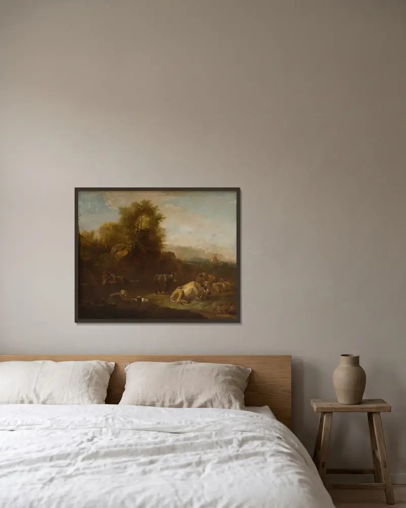 Landskap med djur och en herde av Nicolaes Pietersz. Berchem inramad på en vägg